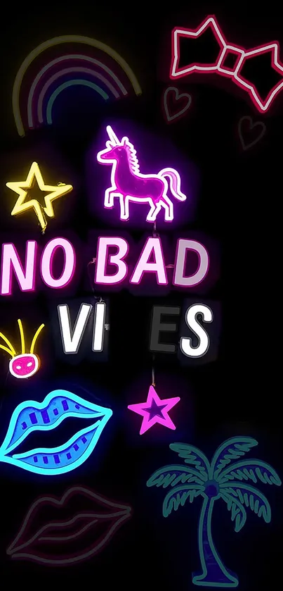 No Bad Vibes neon design with unicorn and vibrant colors.