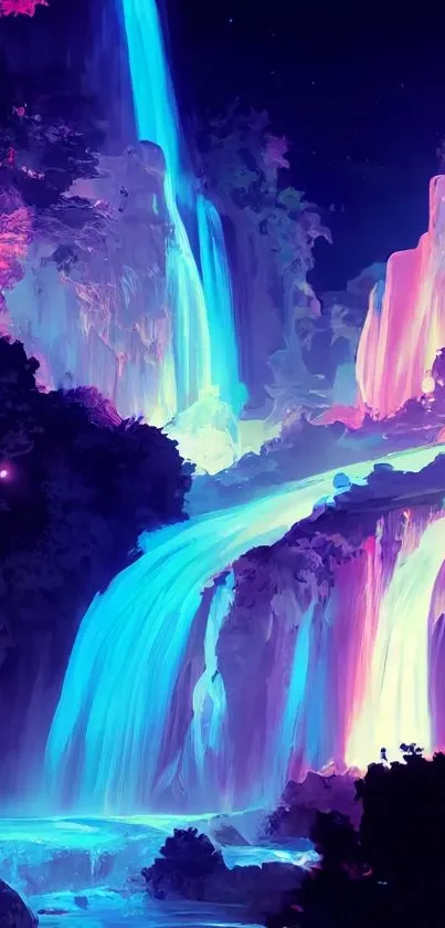 Neon waterfall with vibrant blue and pink colors, creating a stunning visual effect.