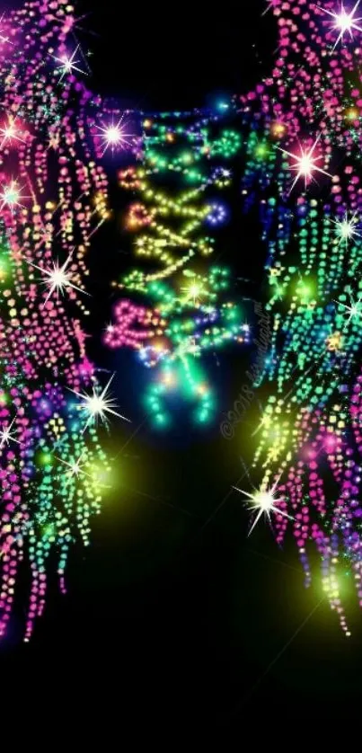 Colorful neon wings with vibrant lights on black background.