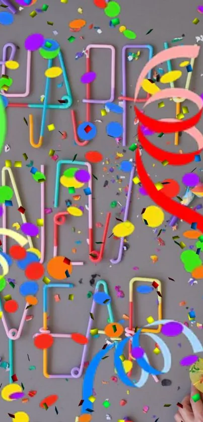 Vibrant mobile wallpaper with confetti and balloons for New Year's celebration.