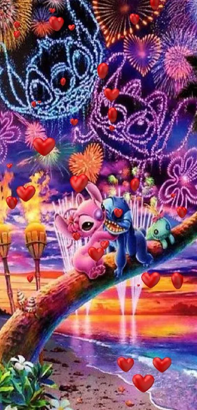 Colorful beach scene with fireworks and cartoon characters at night.