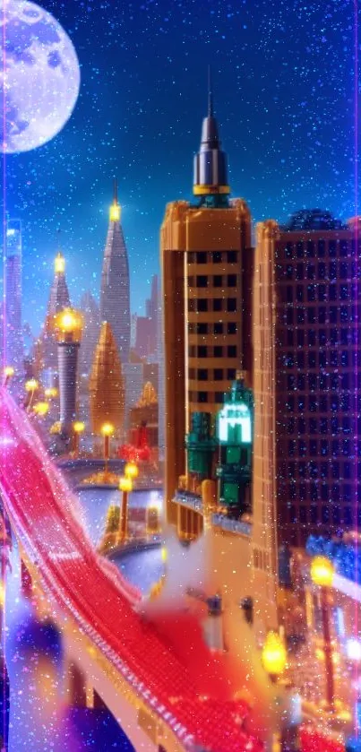 Vibrant LEGO-inspired cityscape with colorful night lights and a glowing moon.