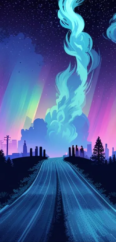 Vibrant night sky wallpaper with colorful aurora above a scenic roadway.