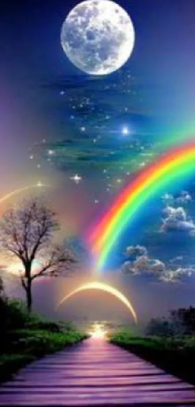 Magical night sky wallpaper with rainbows, moon, and stars.