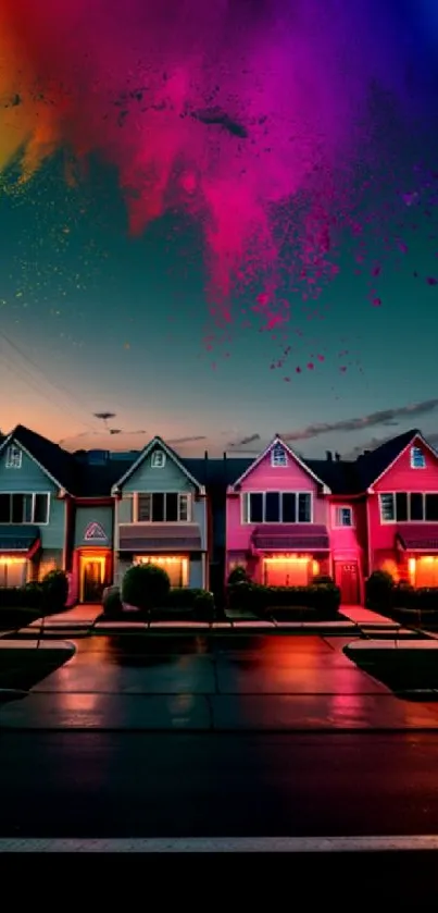 Colorful houses under a vibrant night sky with artistic hues.