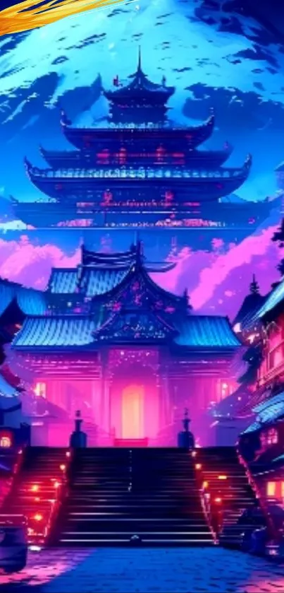 Colorful night street view with mountains and neon lights.