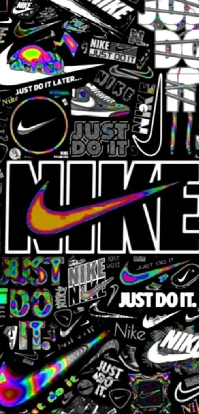 Colorful Nike logo collage with vibrant slogans and energetic design.