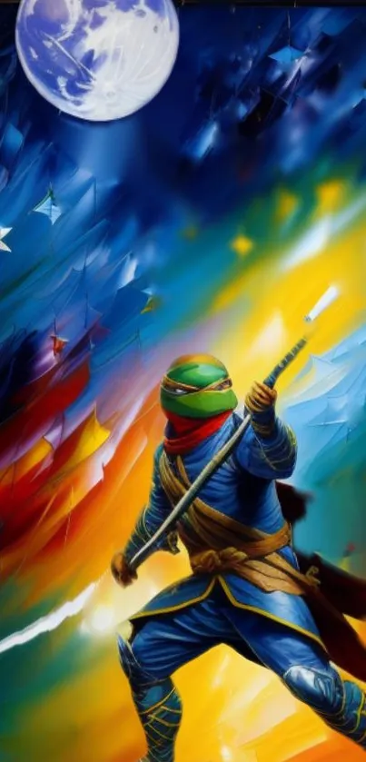 Vibrant ninja with sword under a cosmic, starry sky in colorful artwork.