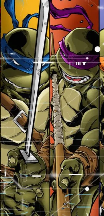 Four Ninja Turtles in colorful, dynamic action poses on mobile wallpaper.