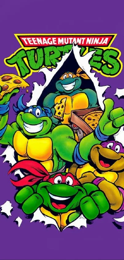 Teenage Mutant Ninja Turtles on a purple background, holding pizza slices.