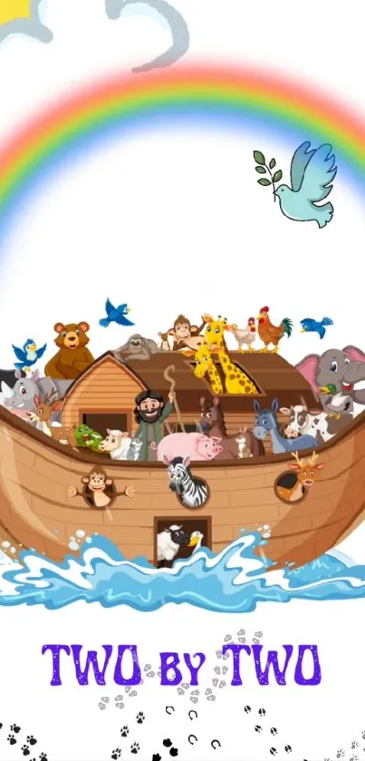 Noah's Ark with animals and rainbow on a mobile wallpaper.