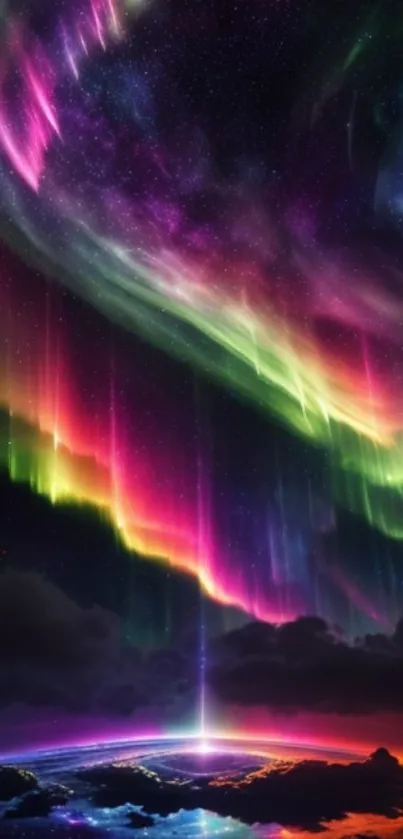 Vibrant auroras light up the night sky in a stunning display over a cosmic landscape.