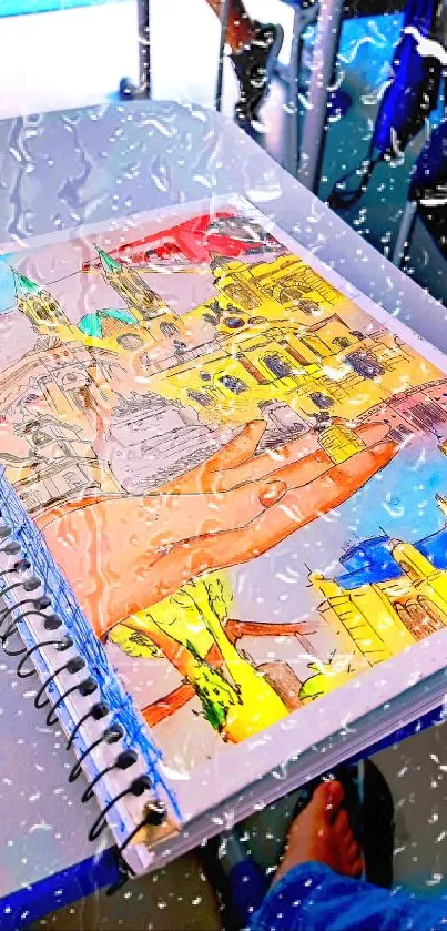 Vibrant notebook on table in rain effect.