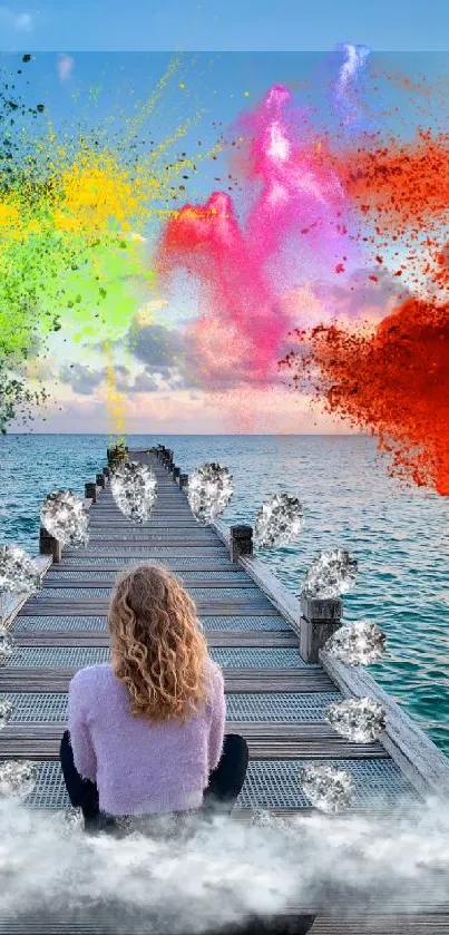 Woman on dock with colorful powder and ocean view.