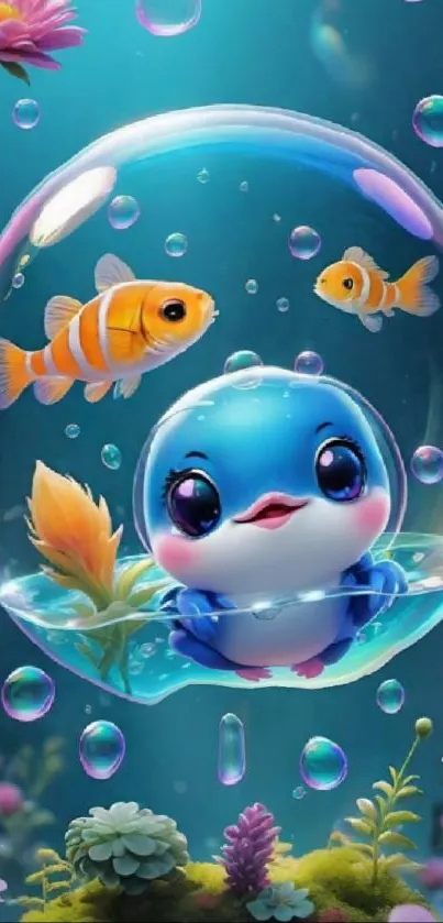 Cute whale and fish in ocean bubble wallpaper.