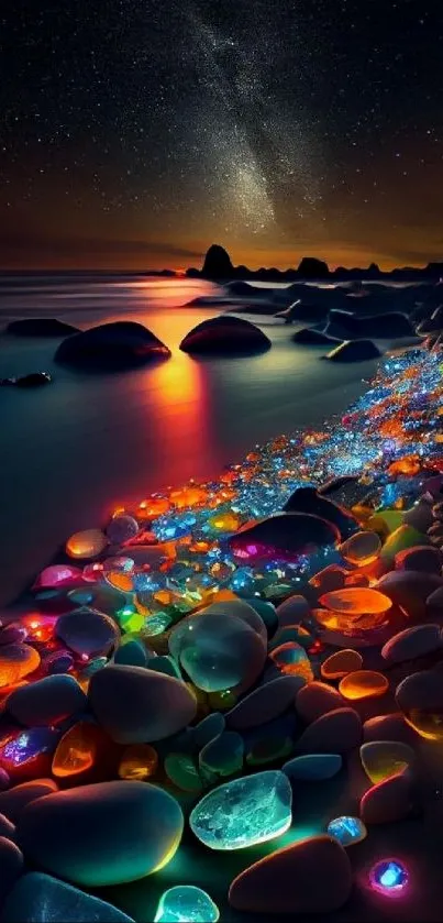 Vibrant glowing ocean stones under a starry night sky wallpaper.