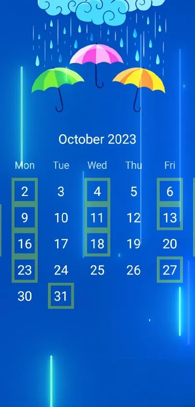 Colorful October calendar with umbrellas on blue background.