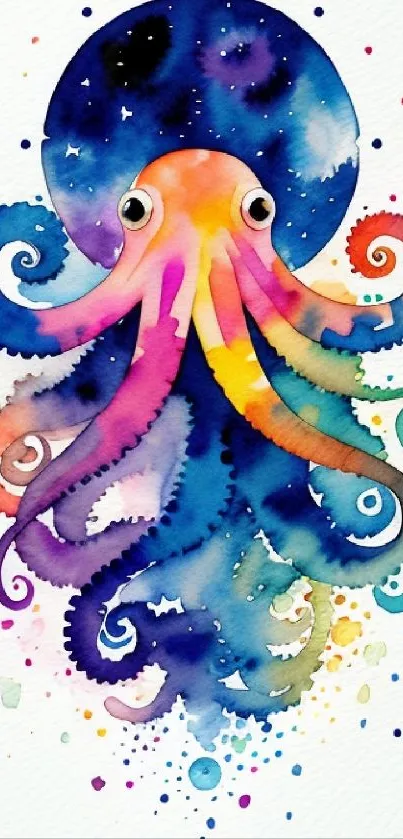 Colorful watercolor octopus with vibrant tentacles on a white background.