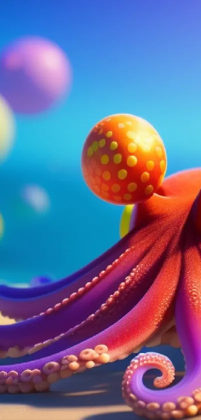 Cartoon octopus with balloons on a beach, under a bright blue sky.