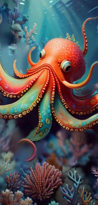 Bright and colorful octopus with coral background in ocean wallpaper.