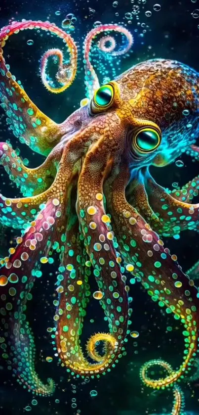 A vibrant and colorful octopus on a phone wallpaper.