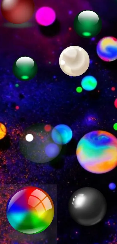 Colorful orbs float against a dark blue galaxy background.