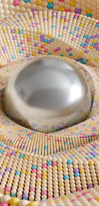 A colorful orb on a textured, beaded surface.