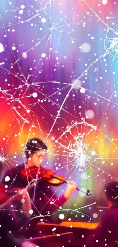 Vibrant orchestra with abstract colorful background and musicians.