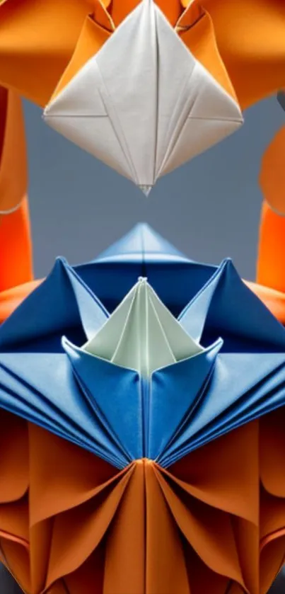 Intricate orange and blue origami art mobile wallpaper.