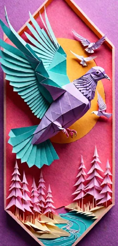 Vibrant origami bird with colorful background in a forest scene.