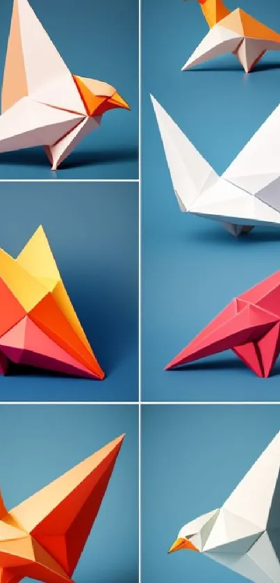 Vibrant mobile wallpaper with colorful origami birds on a blue background.