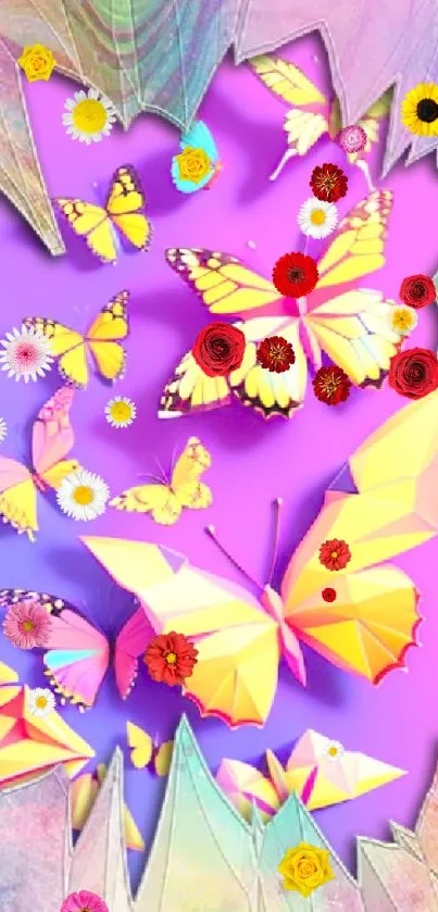 Vibrant origami butterflies on pink gradient wallpaper.