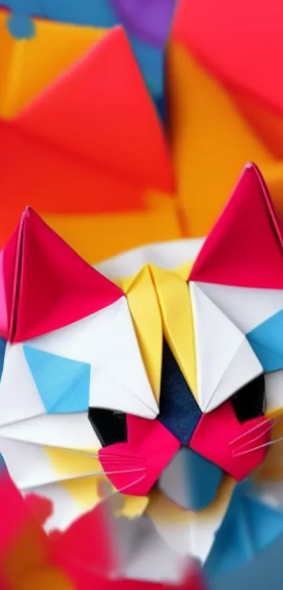 Vibrant origami cat art on a colorful background.