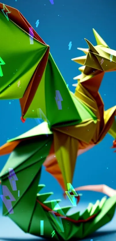 Vibrant origami dragon in green, orange, and yellow hues on blue backdrop.