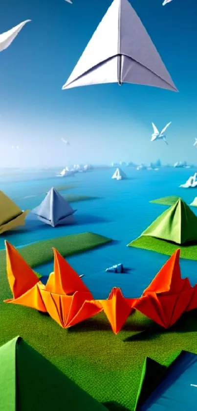 Colorful origami birds and boats under a bright blue sky.