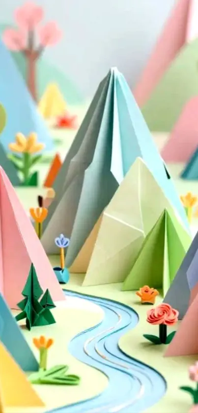 Colorful origami mountains with trees and flowers in a paper art style.