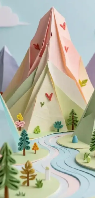 Colorful origami mountain scene with trees and river.
