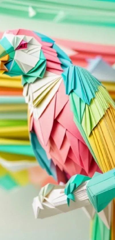 Colorful origami parrot with pink, green, and yellow paper art.