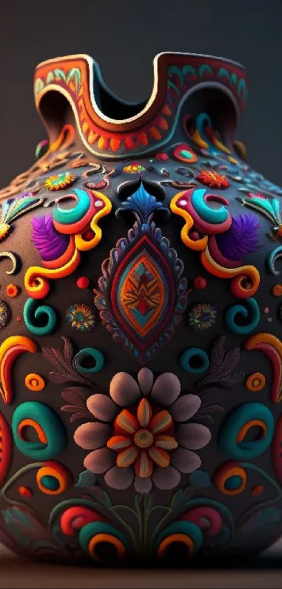 Colorful ornamental vase with intricate patterns and vibrant design.