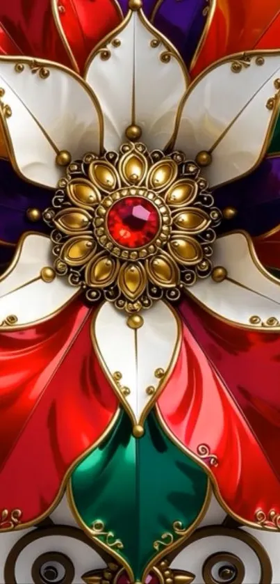 Vibrant ornate flower design with red and gold accents.