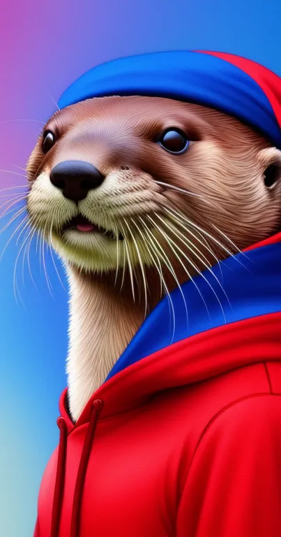 Playful otter in red hoodie against a vibrant gradient background.