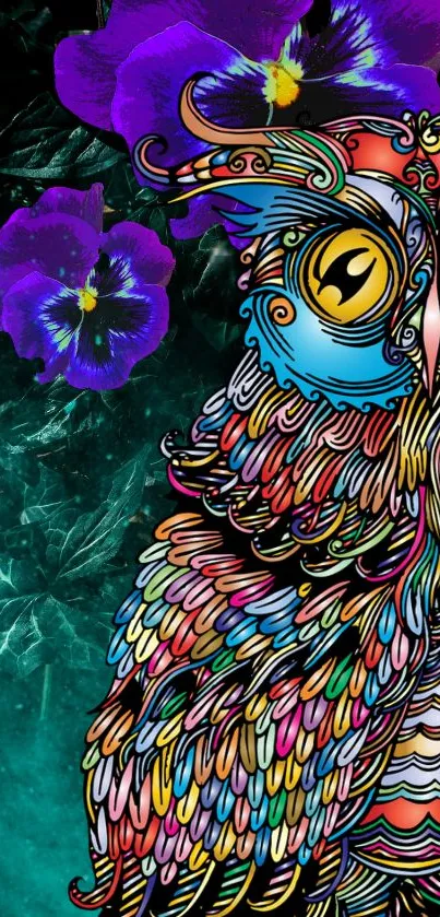 Colorful owl with abstract patterns in a vibrant floral background wallpaper.