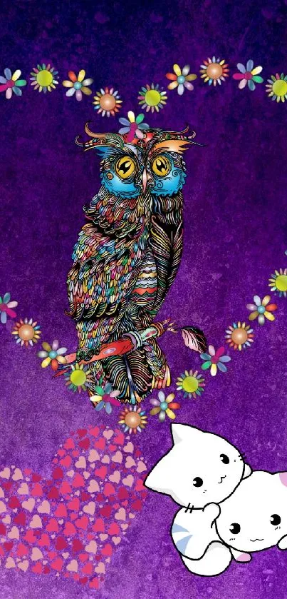 Colorful owl with floral hearts and cute cats on a purple background.