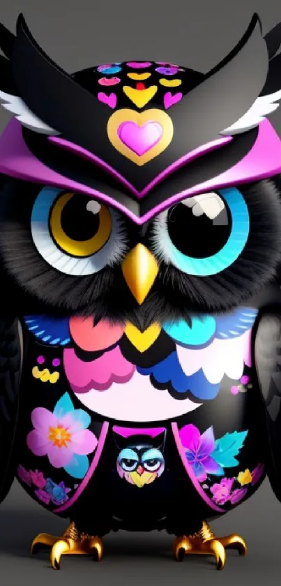 Vibrant owl artwork with intricate colorful patterns on a black background.