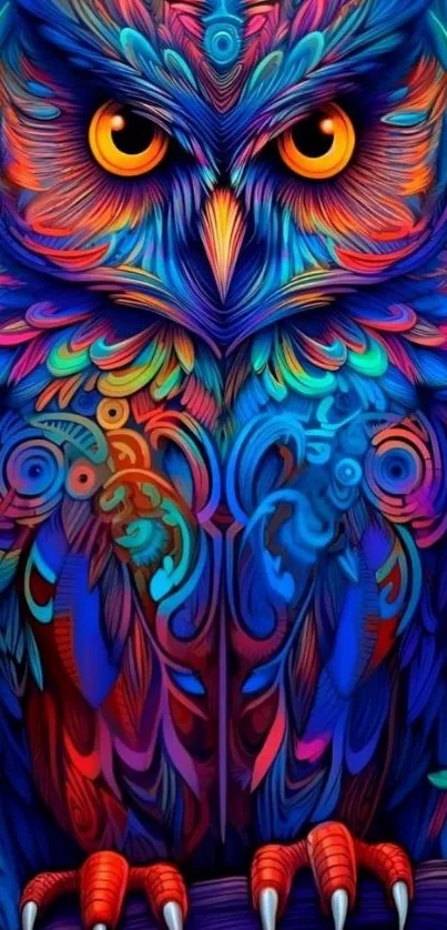 Vibrant owl illustration with colorful patterns as mobile wallpaper.