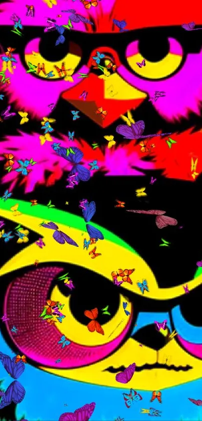 Vibrant and colorful owl artwork mobile wallpaper.