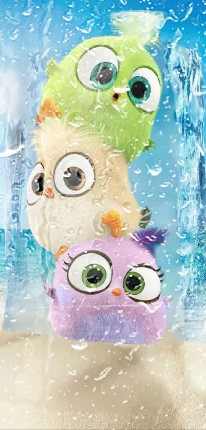 Cartoon owls in ice with beach background.