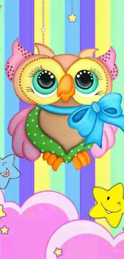 Colorful cartoon owl with stars wallpaper.