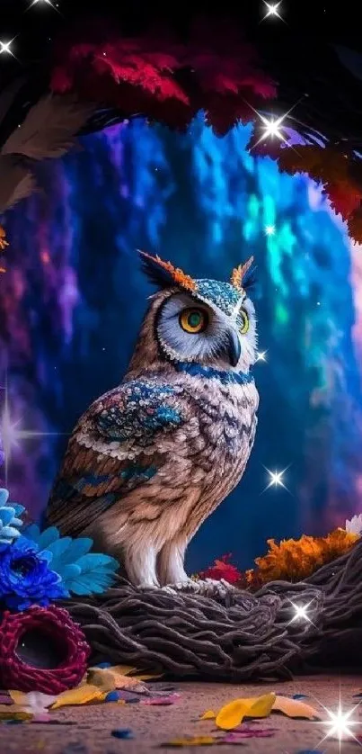 A vibrant owl amidst colorful flowers in a fantasy forest setting.