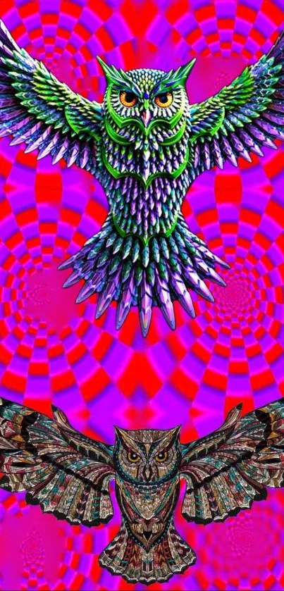 Vibrant psychedelic wallpaper featuring colorful owls and optical illusion patterns.